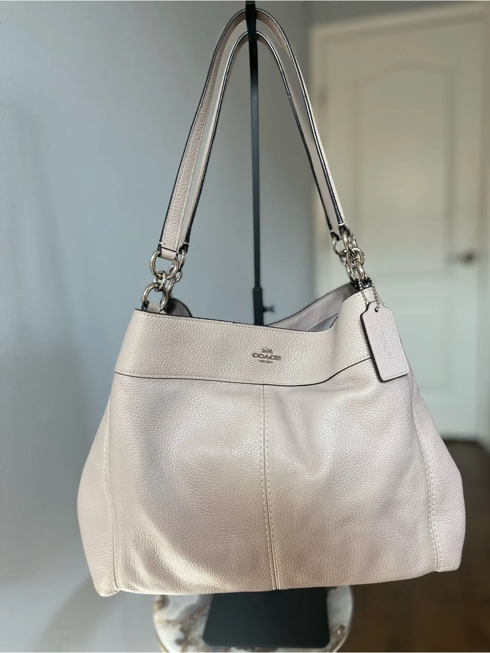 COACH Pebbled Leather Shoulder Bag in Birch Grey